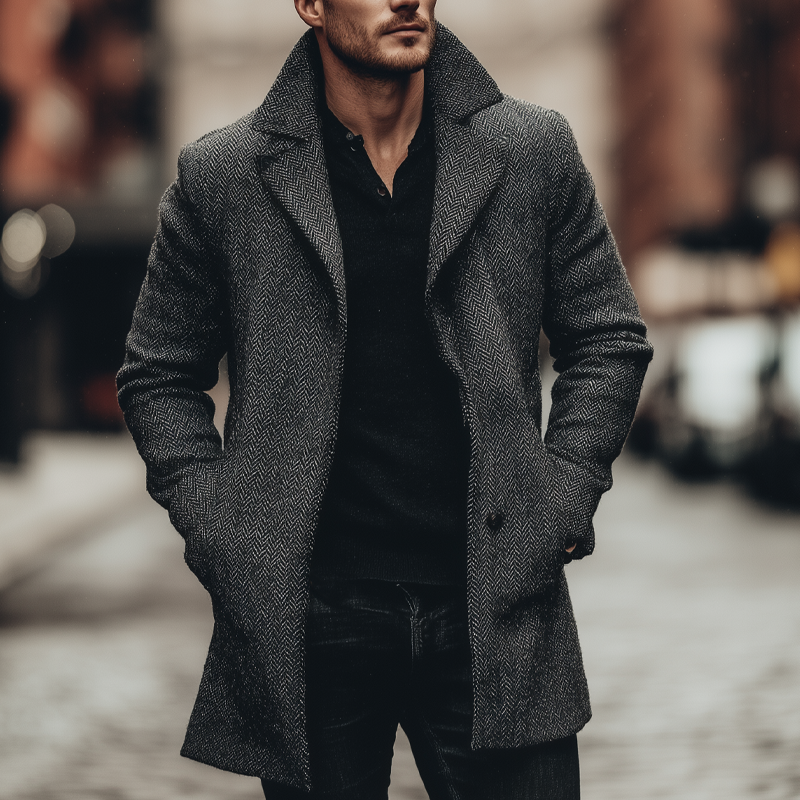 Men's Vintage Herringbone Lapel Mid-Length Coat MTA0785H9X