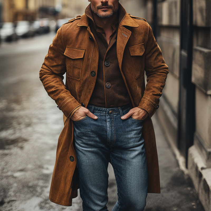 Men's Vintage Faux Suede Lapel Long Trench Coat MTA1839I0X