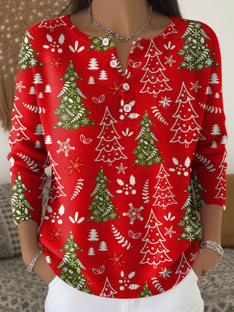 Women's Christmas Tree Pattern Art Print Buttoned Cardigan Sweater