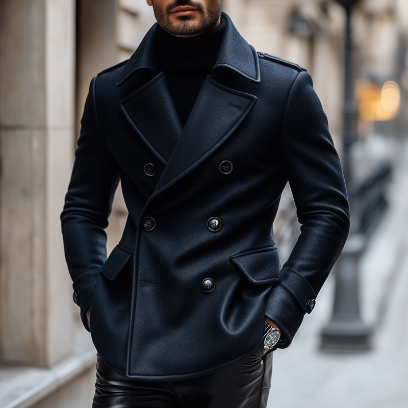 Men's Fashion Vintage Solid Color Litchi Pattern PU Notch Lapel Double Breasted Slim Coat MTA1488H5M