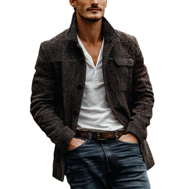 Men's Vintage Twill Wool Blend Lapel Single-breasted Loose Short Coat MTA2703H2M