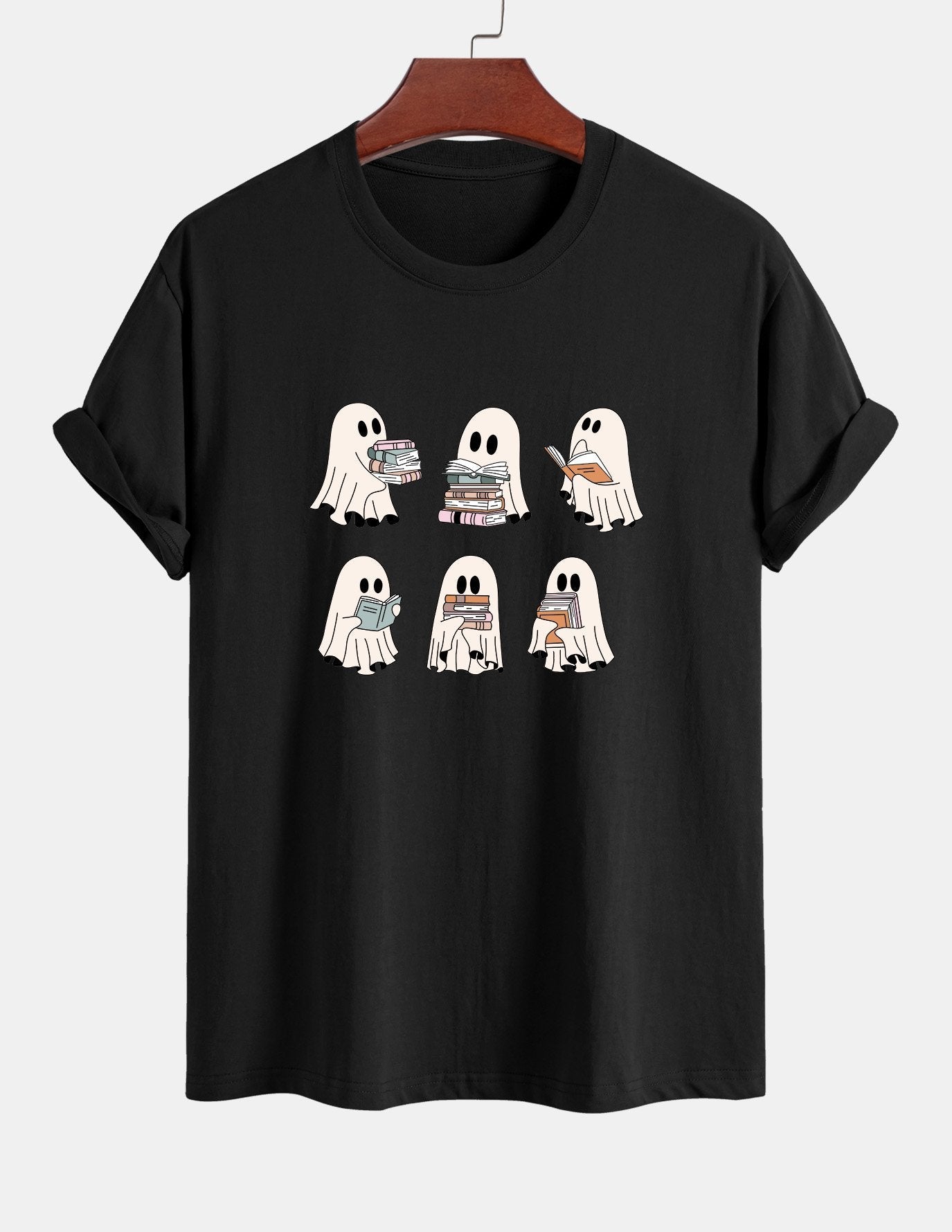 Regular Fit Ghost Reading Book Print Cotton T-Shirt