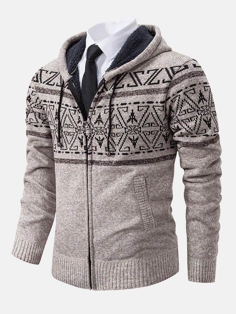 Aztec Geometric Pattern Zip Hooded Jumper