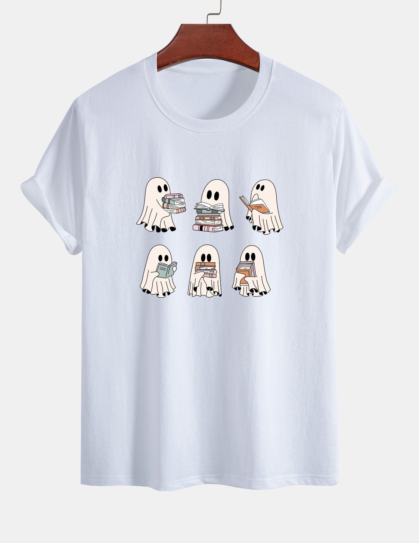 Regular Fit Ghost Reading Book Print Cotton T-Shirt