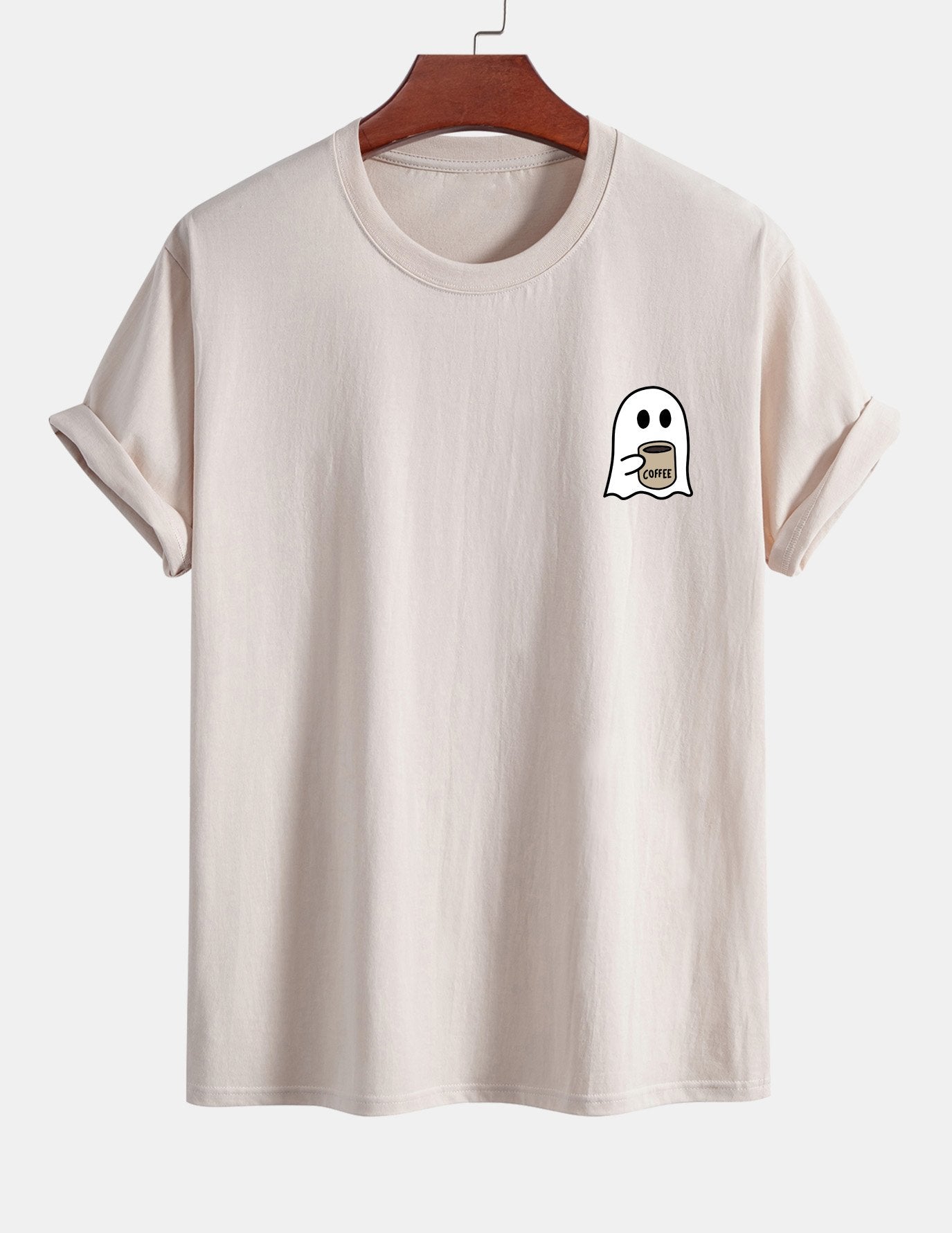 Regular Fit Ghost Drinking Coffee Print Cotton T-Shirt