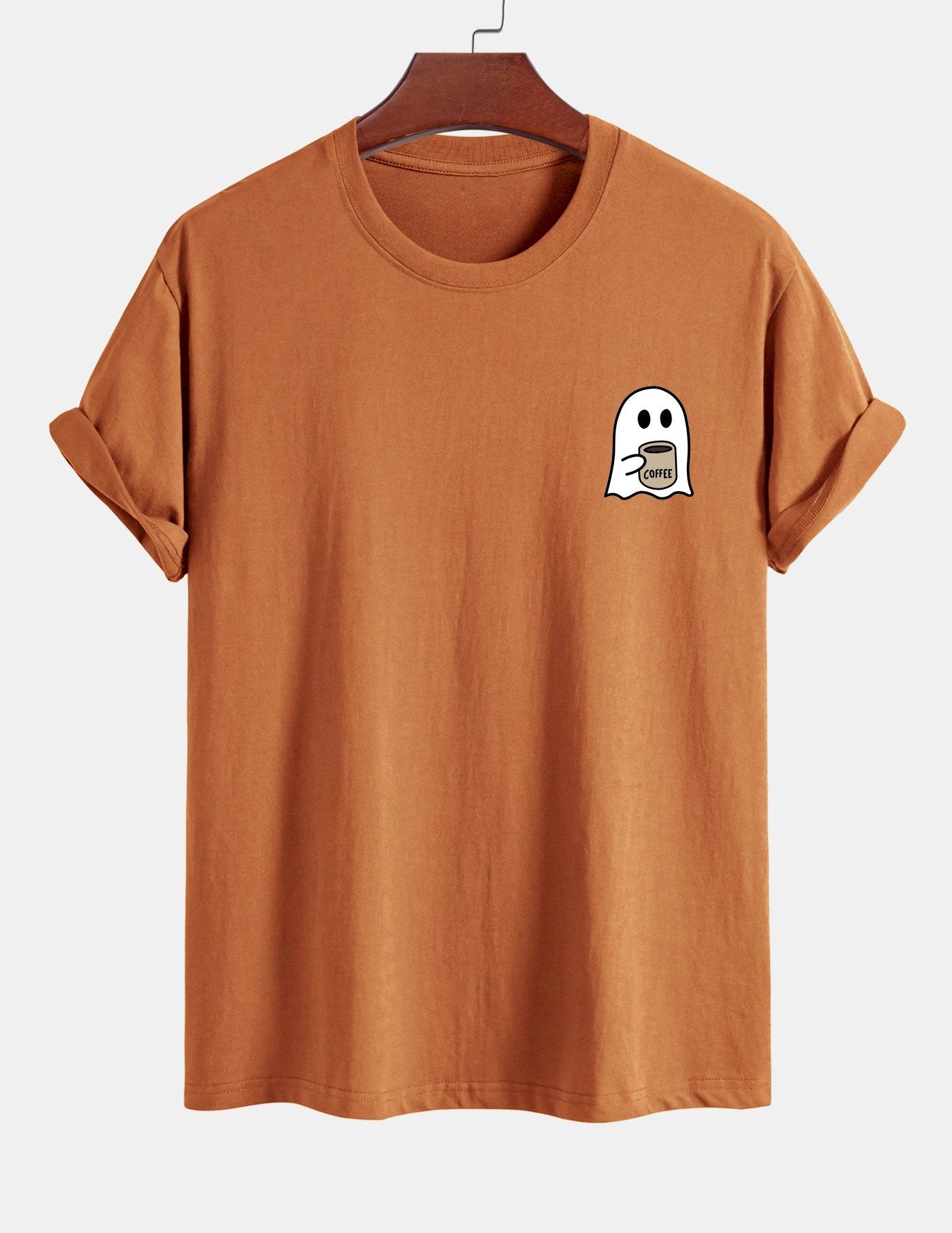 Regular Fit Ghost Drinking Coffee Print Cotton T-Shirt