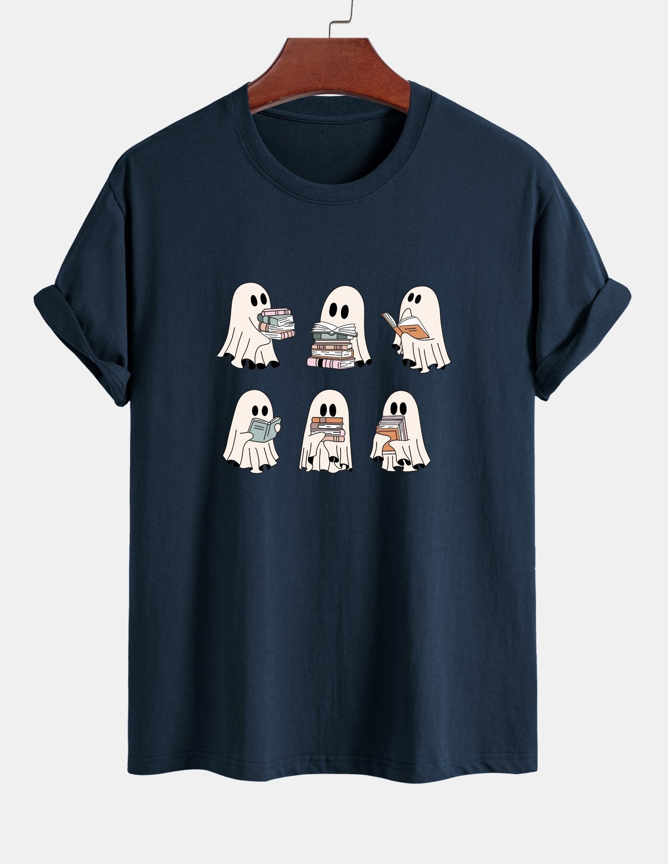 Regular Fit Ghost Reading Book Print Cotton T-Shirt