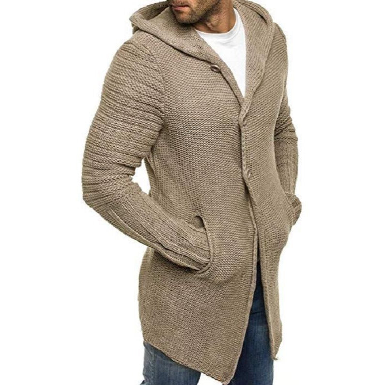 Men's Casual Hooded Single Breasted Long Sleeve Mid Length Knit Cardigan 90721661M