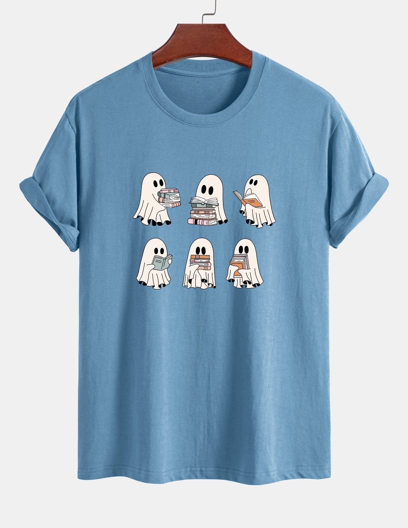 Regular Fit Ghost Reading Book Print Cotton T-Shirt