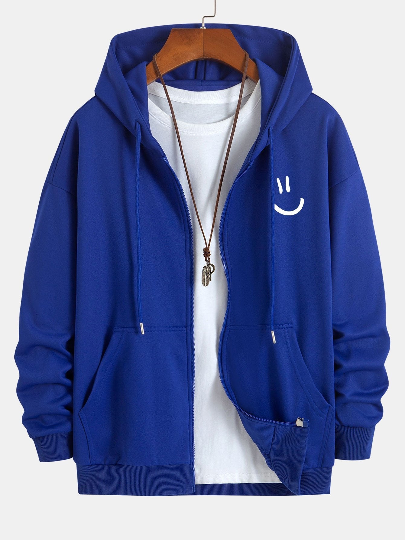 Smiley Face Print Relax Fit Zip Hoodie