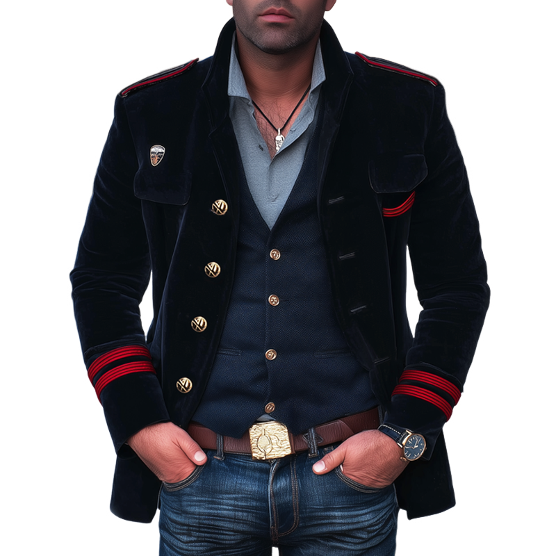 Men's Classic Vintage Navy Blue Velvet Short Coat MTA0169I1U