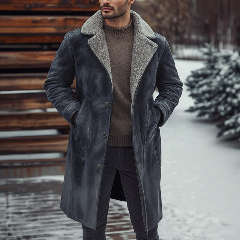 Men's Warm Patchwork Polar Fleece And Faux Suede Patchwork Long Coat MTA0983I8X