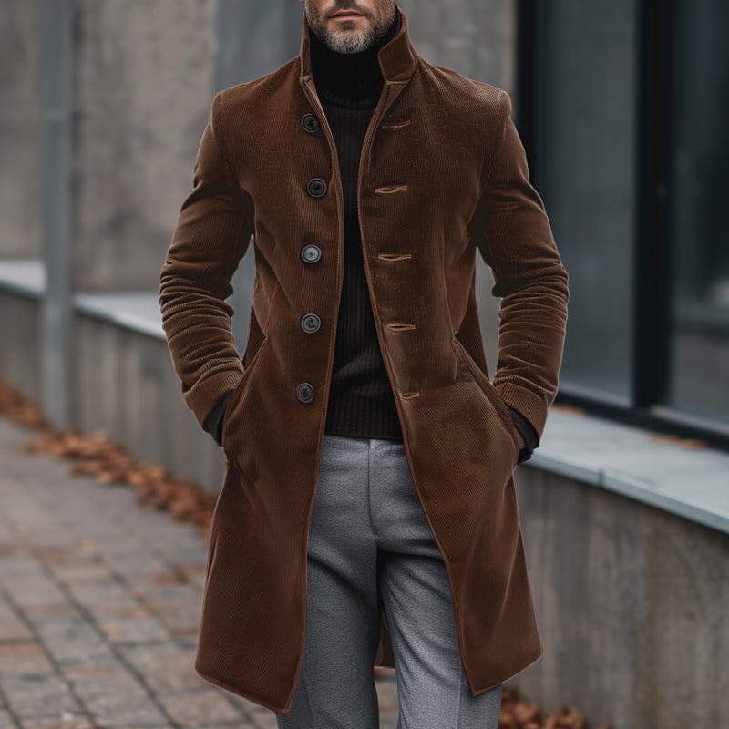 Men's Vintage Elegant Solid Color Corduroy Stand Collar Single Breasted Slim Fit Coat MTA0290H3M