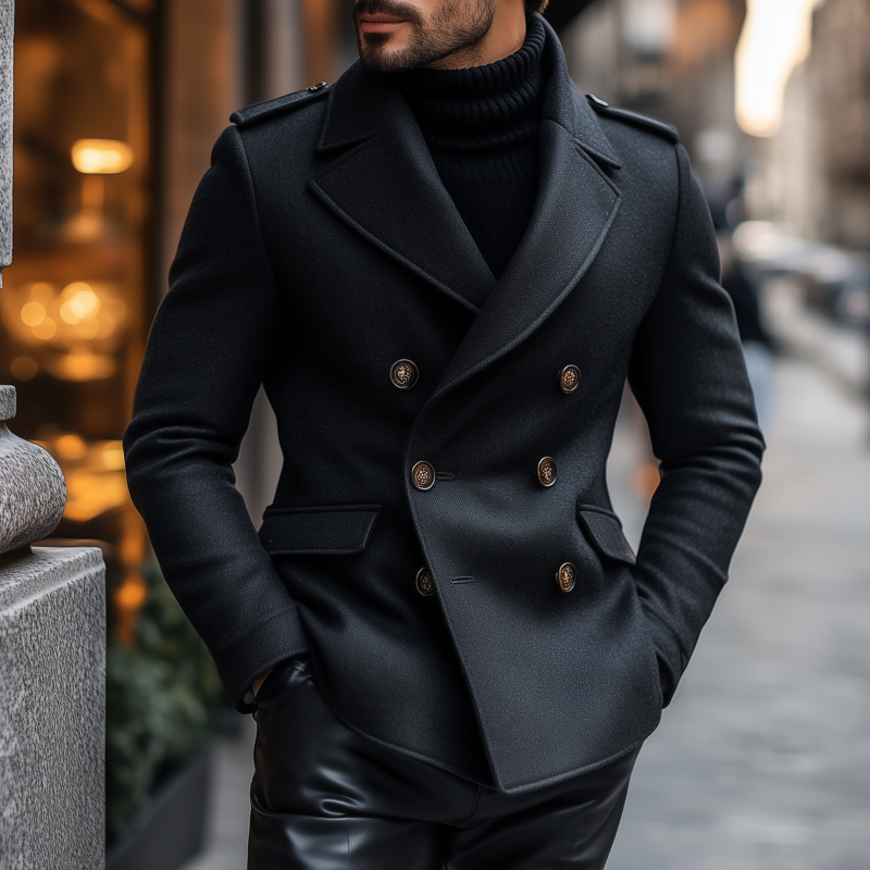 Men's Vintage Solid Color Wool Blend Notch Lapel Double-breasted Slim Fit Warm Peacoat MTA1404H2M
