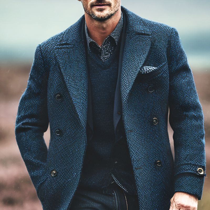 Men's Vintage Herringbone Lapel Double Breasted Mid-length Coat MTA1868I5Z