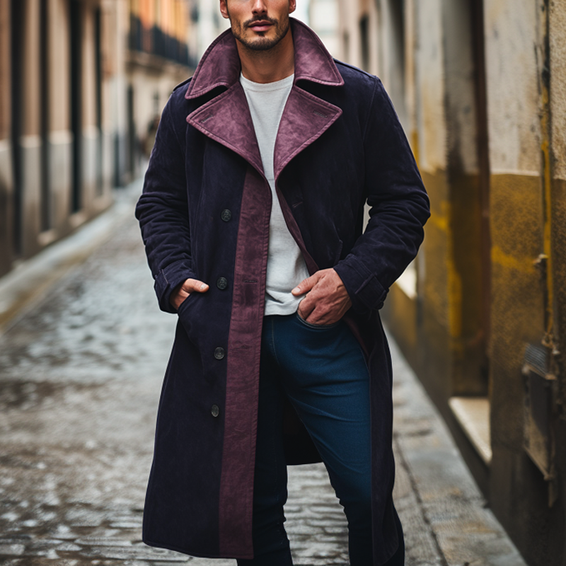 Men's Retro Contrast Lapel Faux Suede Trousers And Coat MTA0441I1X