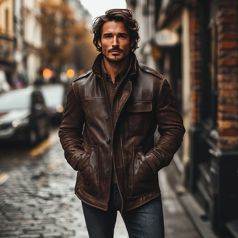 Men's Vintage Distressed Lapel Multi-pocket PU Mid-length Coat MTA0886I6X