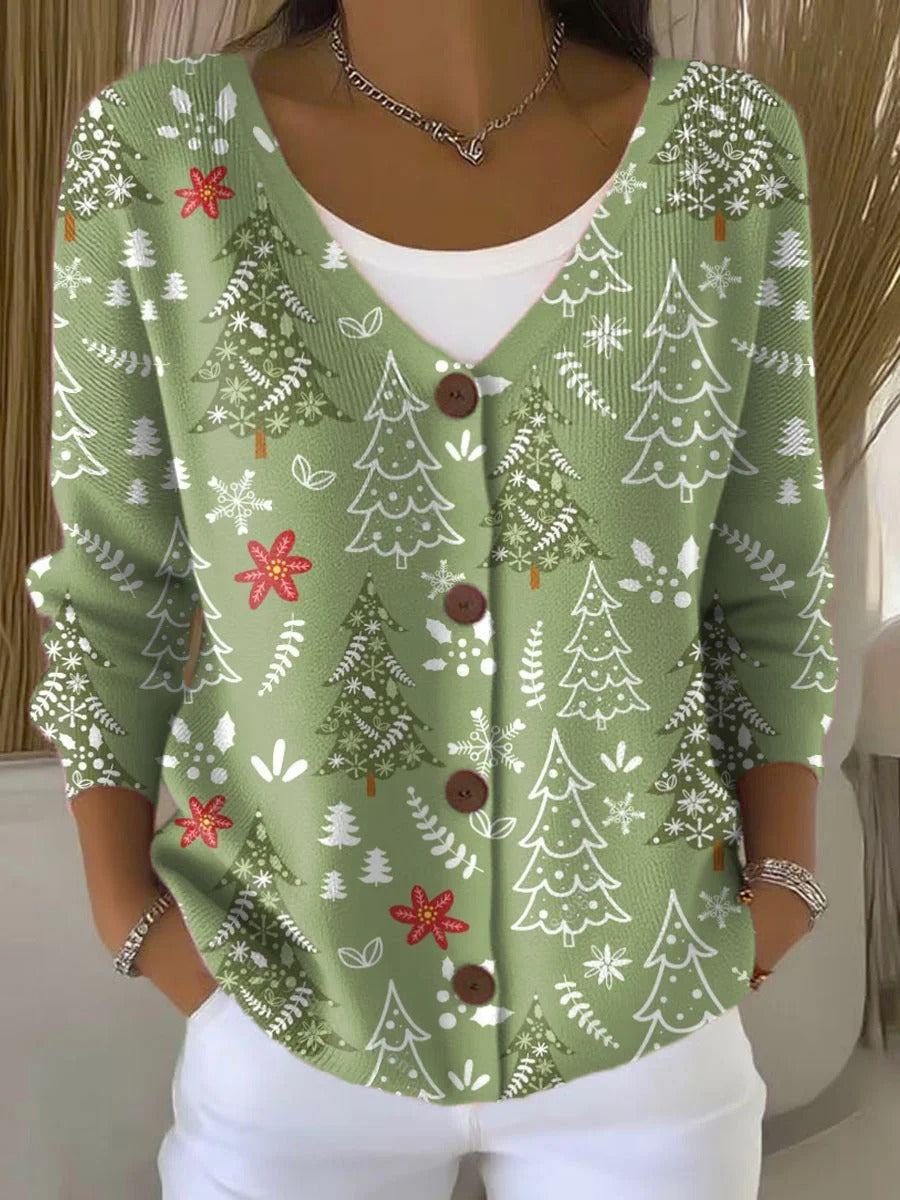 Women's Christmas Tree Pattern Art Print Buttoned Cardigan Sweater