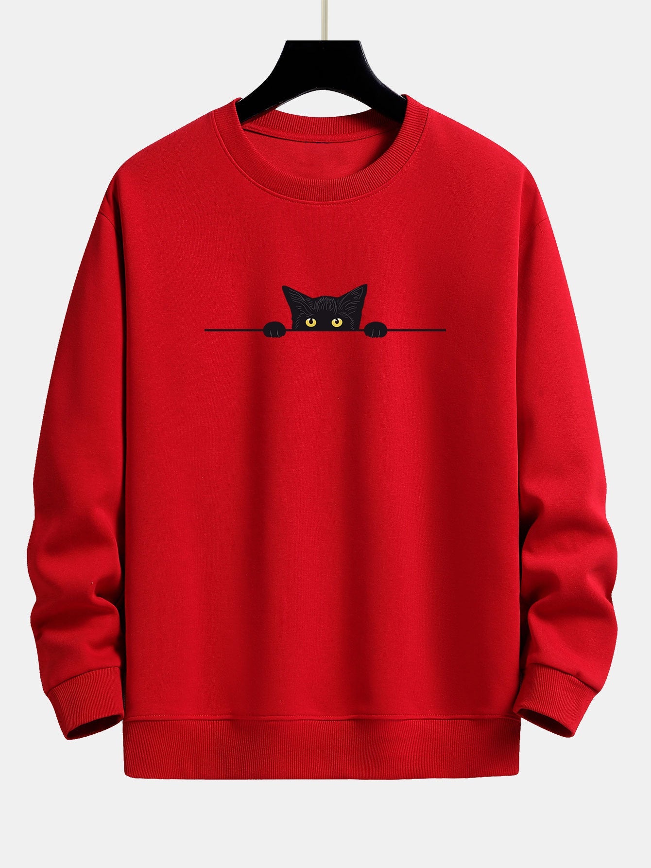 Black Cat Print Relax Fit Red Sweatshirt