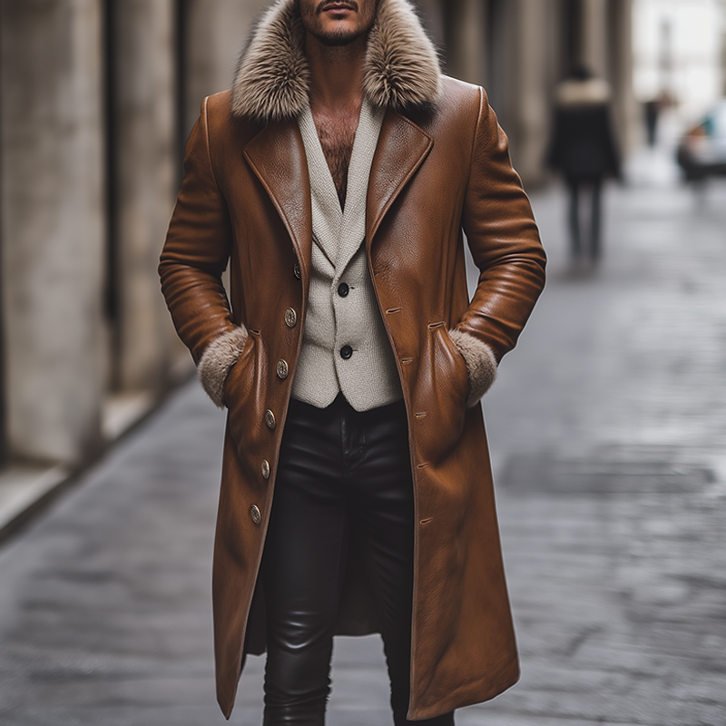 Men's Retro Casual Fur Collar Faux Leather Long Coat MTA2282I2TO