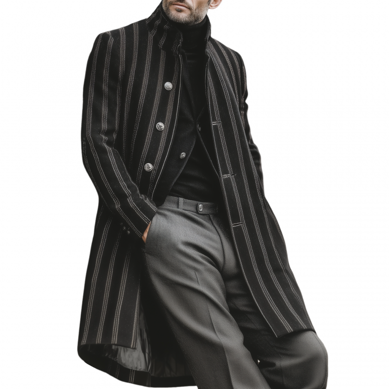 Men's Vintage Striped Wool Blend Stand Collar Single-Breasted Loose Warm Knee-Length Coat MTA1823H0M