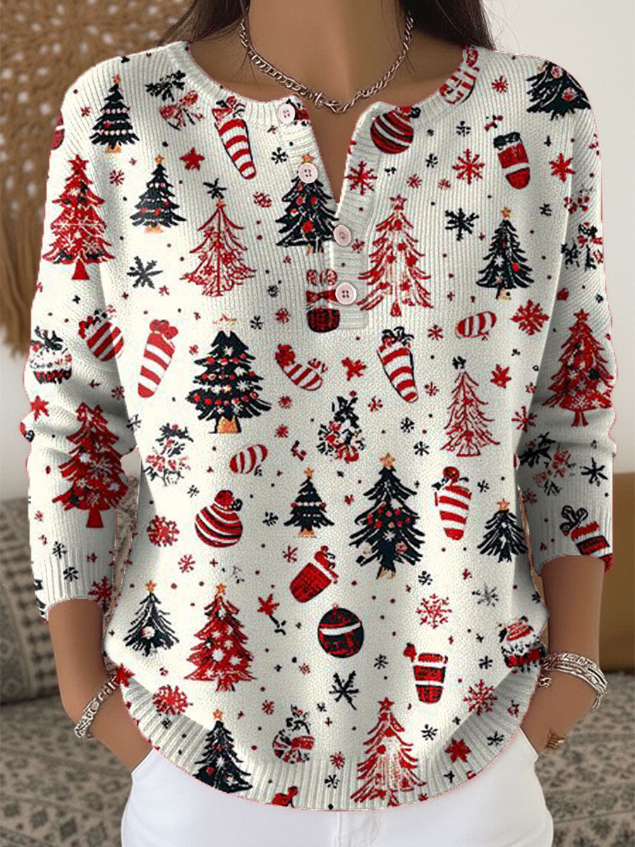 Women's Christmas Tree Art Print Buttoned Cardigan Sweater