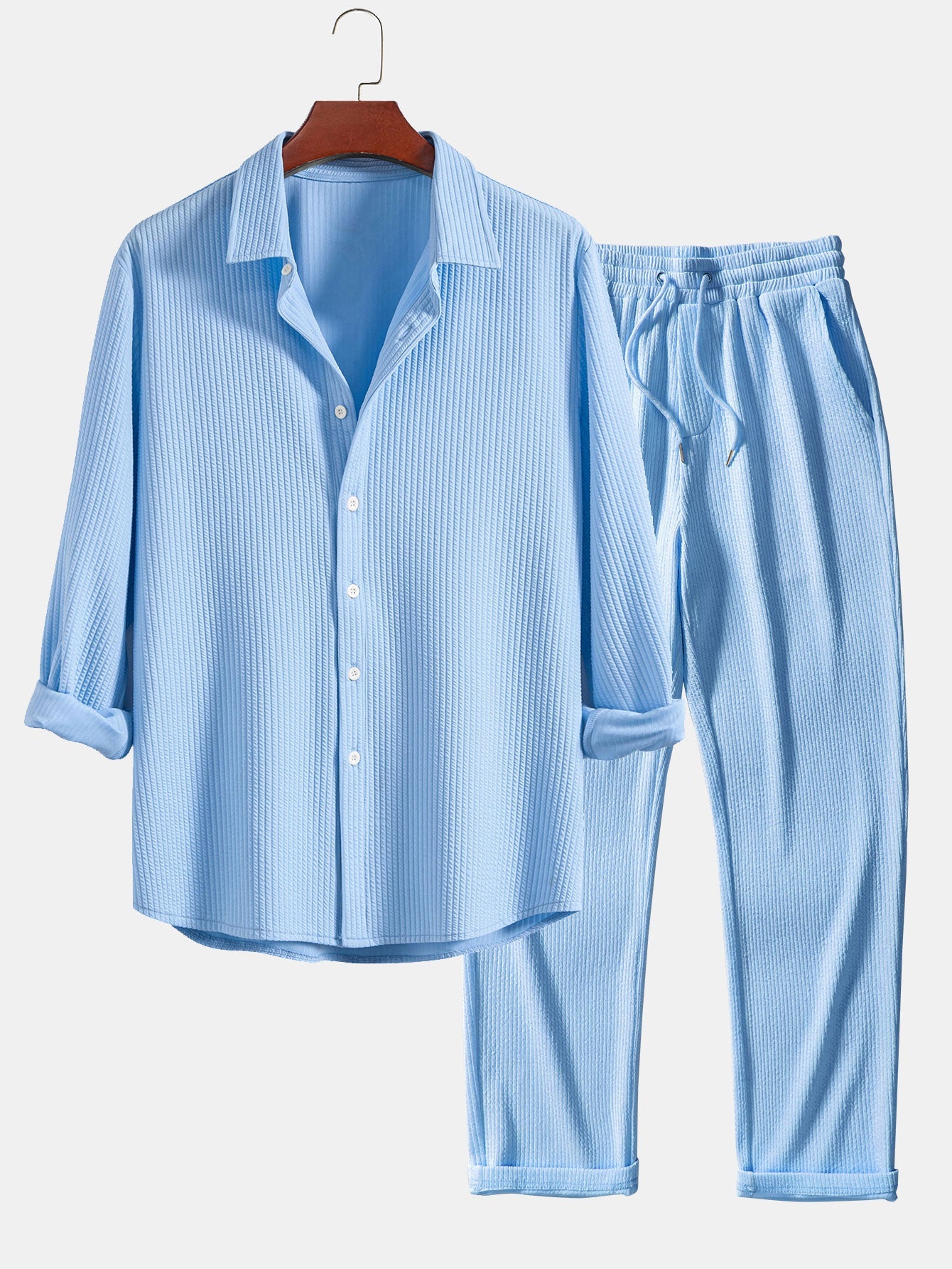 Long Sleeve Muscle Fit Ribbed Button Up Shirt & Straight Leg Ribbed Pants