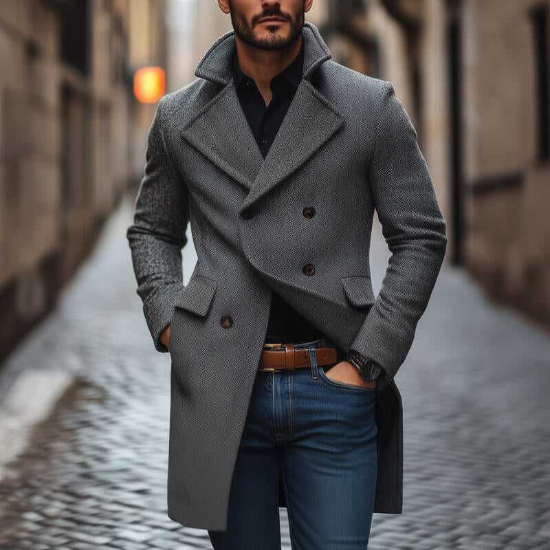 Men's Vintage Wool Blend Herringbone Pattern Notch Lapel Double-breasted Slim Fit Mid-length Coat MTA2563H2M