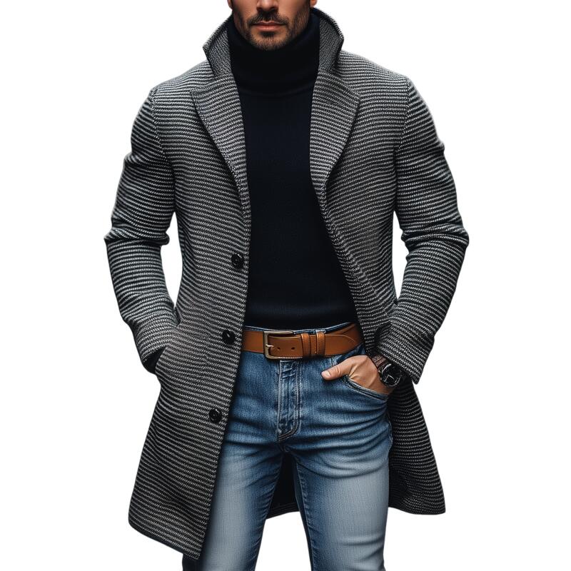 Men's Vintage Wool Blend Houndstooth Notch Lapel Single-breasted Loose Mid-length Coat MTA2524H4M