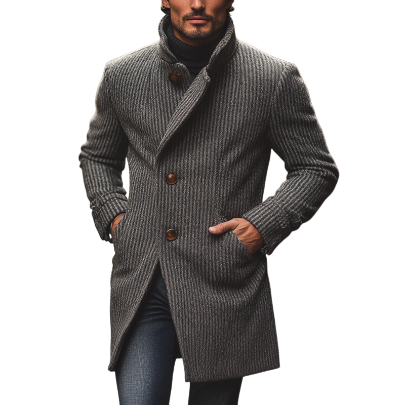 Men's Casual Striped Faux Wool Blend Lapel Mid-length Coat MTA1353I6X