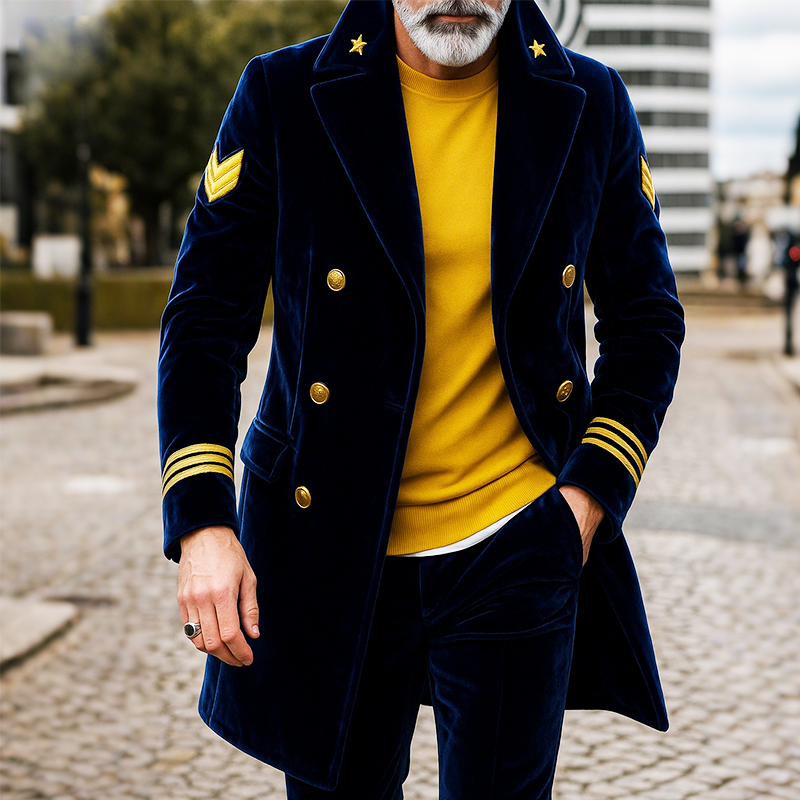 Men's Retro Casual Navy Style Embroidered Velvet Lapel Mid-Length Double-Breasted Coat MTA0534I0TO