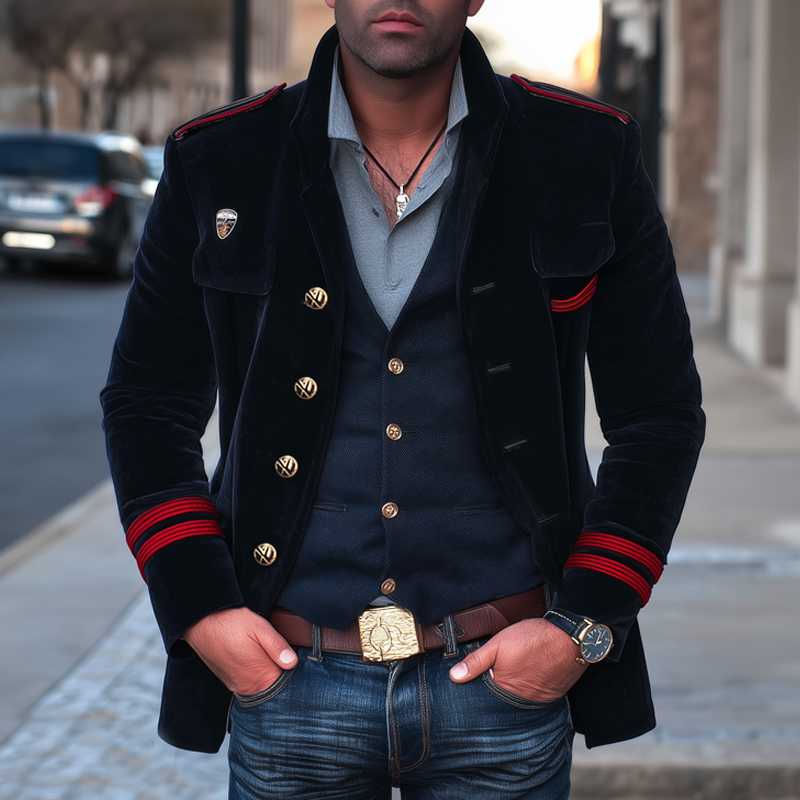 Men's Classic Vintage Navy Blue Velvet Short Coat MTA0169I1U