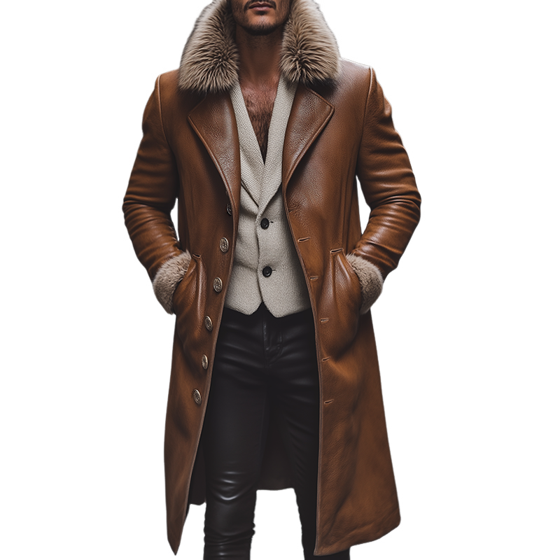Men's Retro Casual Fur Collar Faux Leather Long Coat MTA2282I2TO