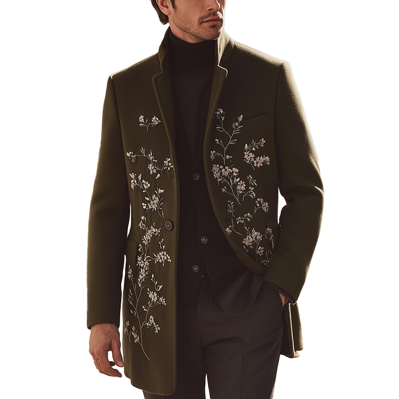 Men's Winter Fashion Floral Embroidered Faux Woolen Coat MTA0469I8P