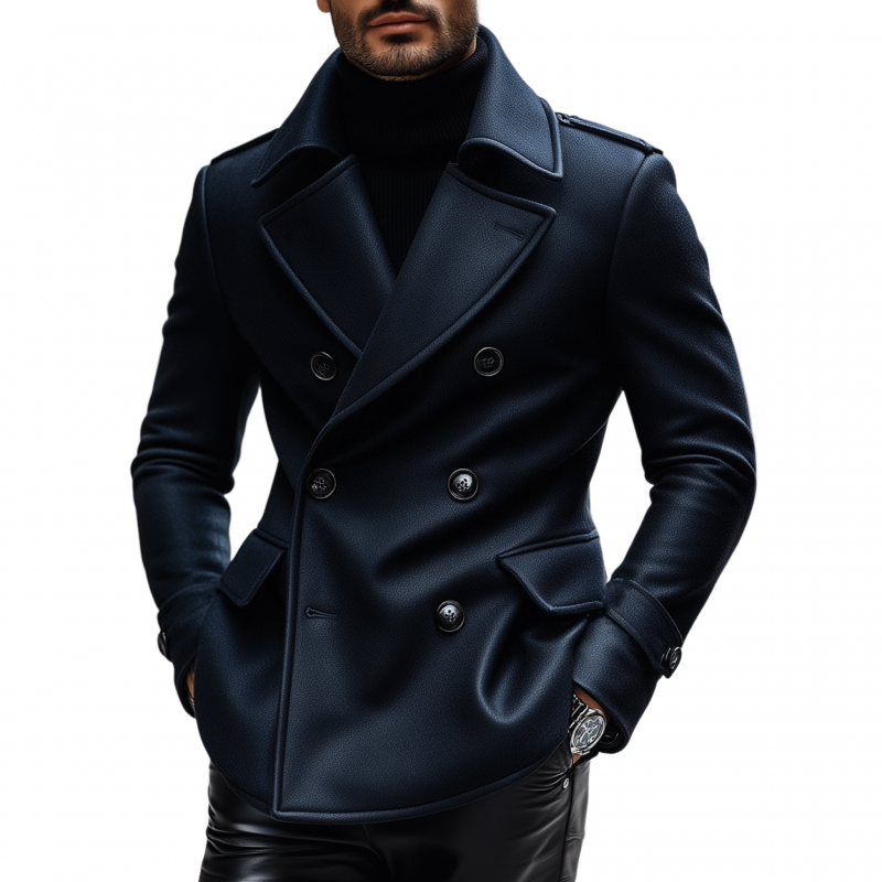 Men's Fashion Vintage Solid Color Litchi Pattern PU Notch Lapel Double Breasted Slim Coat MTA1488H5M