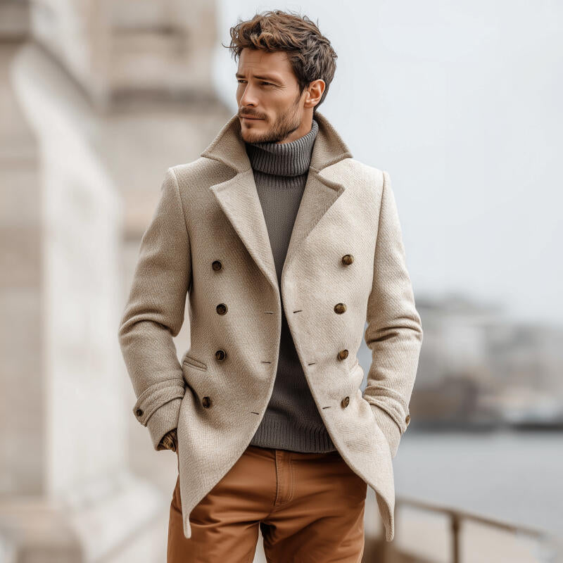 Men's Vintage Twill Wool Blend Notch Lapel Double-breasted Slim Fit Warm Peacoat MTA2196H8M