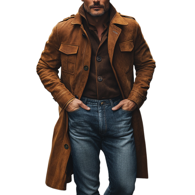 Men's Vintage Faux Suede Lapel Long Trench Coat MTA1839I0X