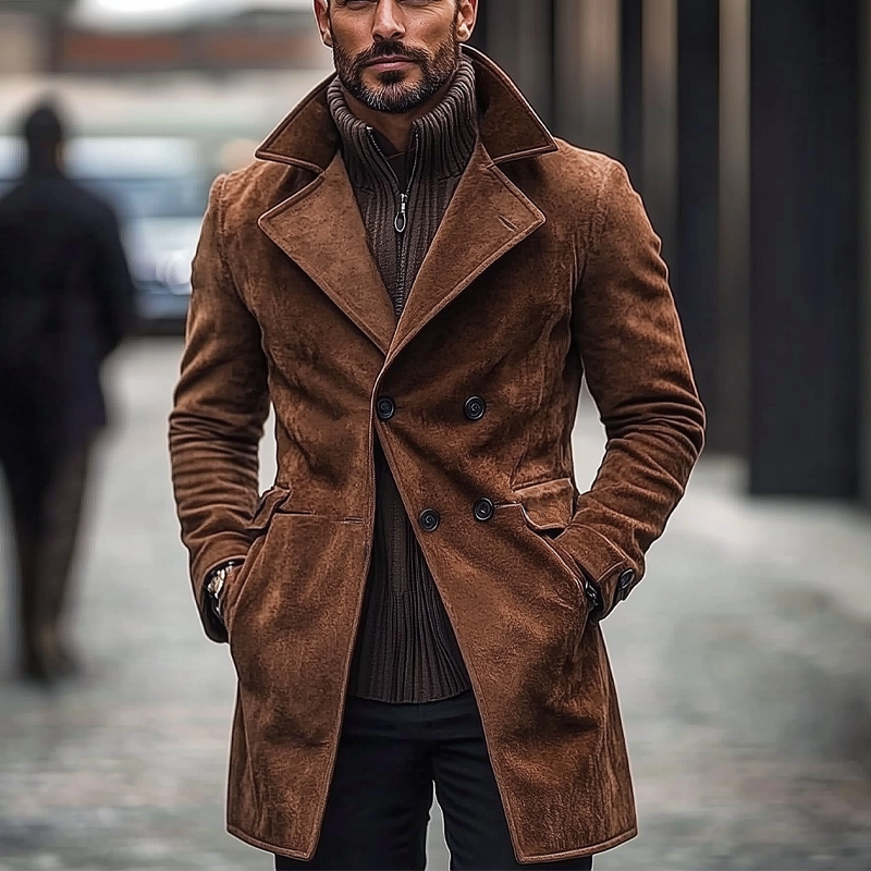 Men's Vintage Faux Suede Double-Breasted Mid-Length Coat MTA0960I9X