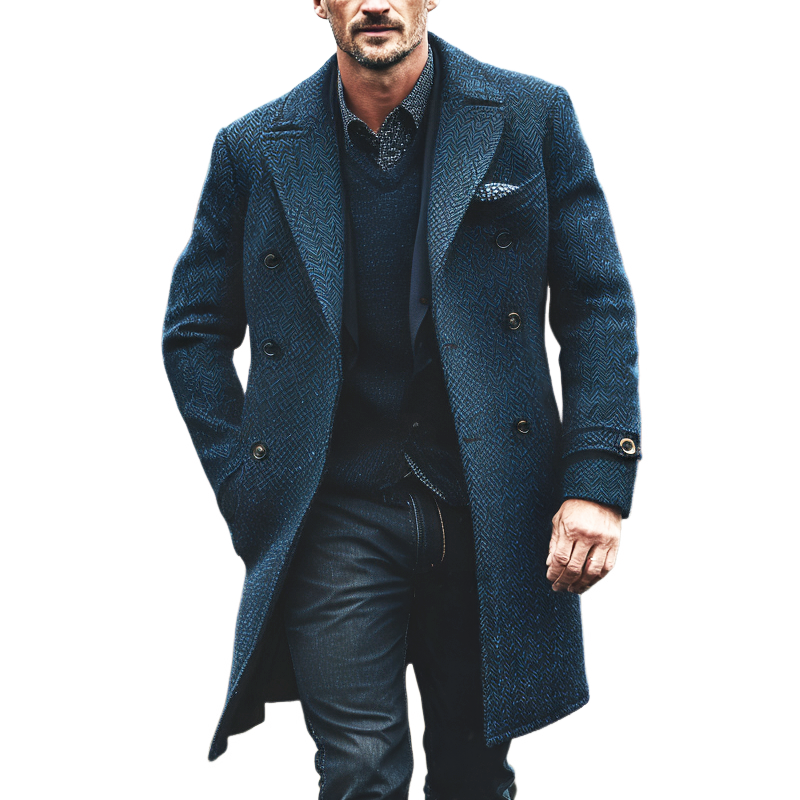 Men's Vintage Herringbone Lapel Double Breasted Mid-length Coat MTA1868I5Z