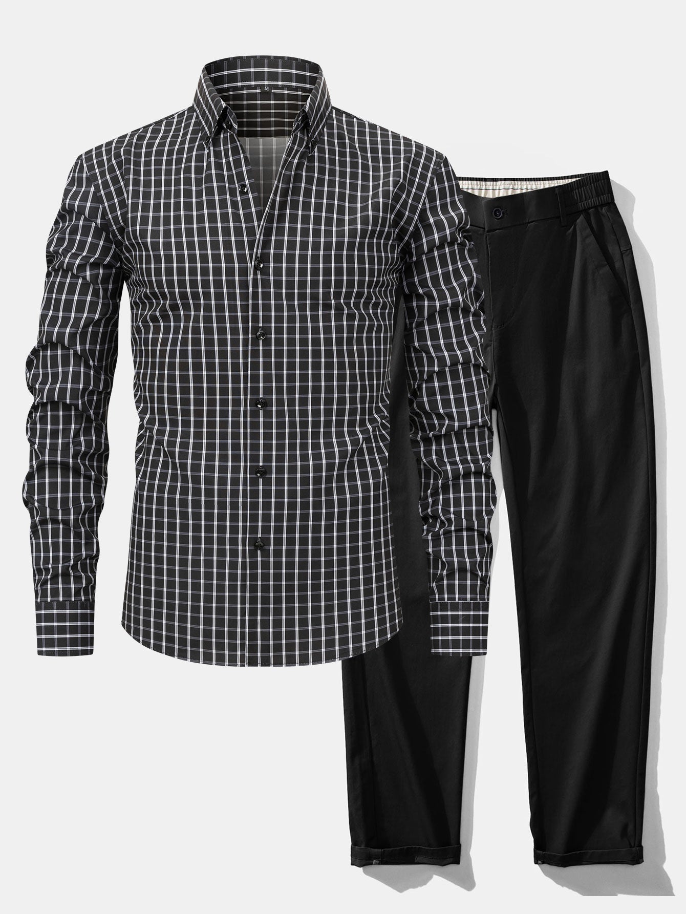 Long Sleeve Plaid Button Up Shirt & Elastic Waist Straight Leg Trousers