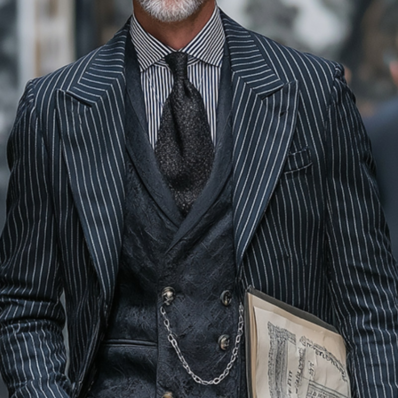 Men's Retro Casual British Style Elegant Striped Mid-Length Coat MTA1947I5TO