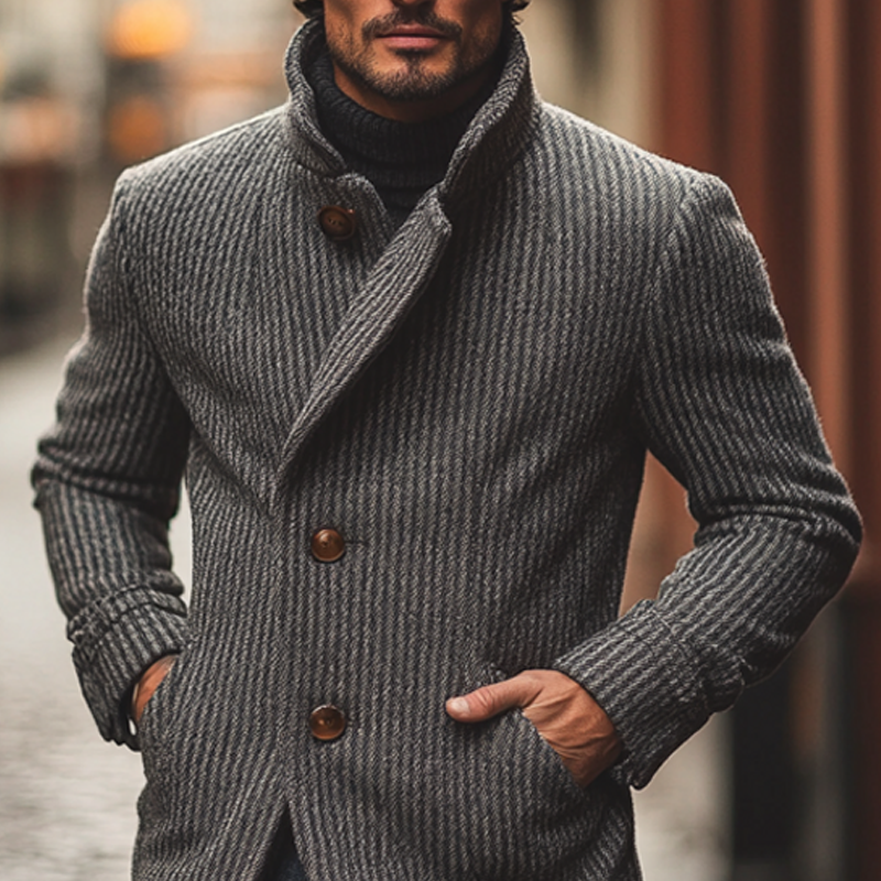 Men's Casual Striped Faux Wool Blend Lapel Mid-length Coat MTA1353I6X