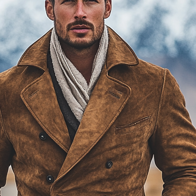 Men's Vintage Faux Suede Double-Breasted Lapel Mid-Length Coat MTA0843I7X