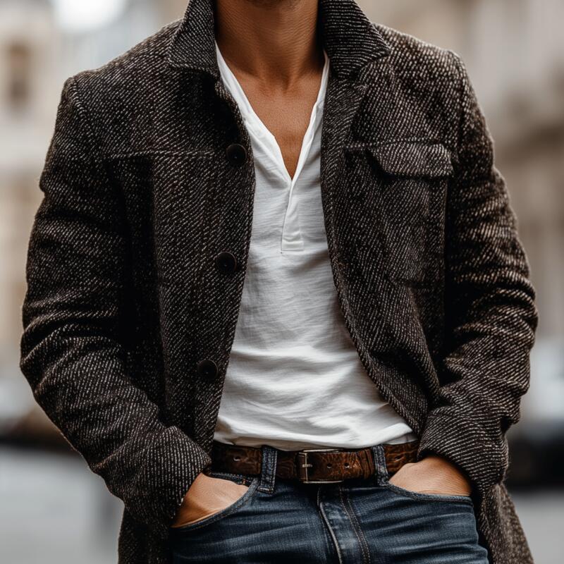 Men's Vintage Twill Wool Blend Lapel Single-breasted Loose Short Coat MTA2703H2M