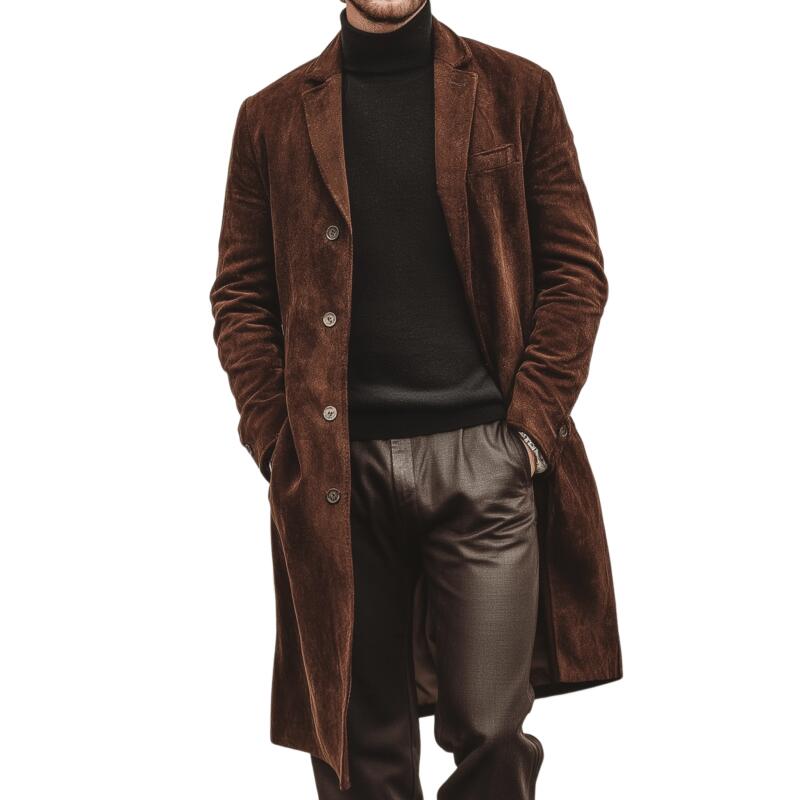 Men's Vintage Solid Color Faux Suede Notched Lapel Single-Breasted Loose Knee-Length Coat MTA2128H5M