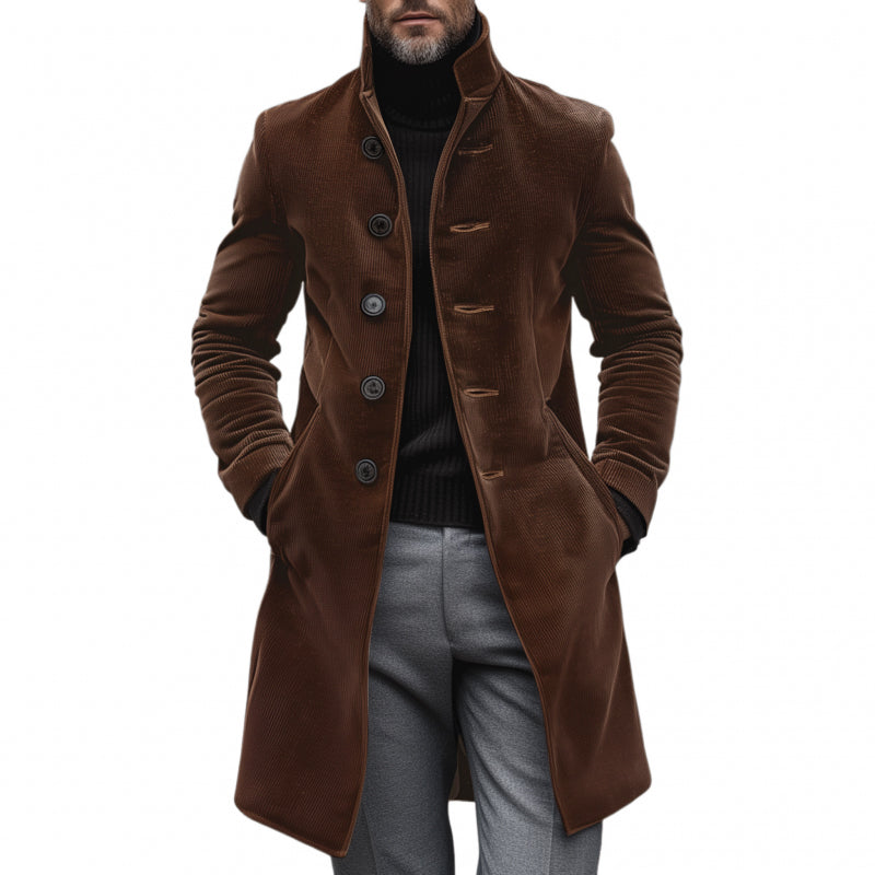 Men's Vintage Elegant Solid Color Corduroy Stand Collar Single Breasted Slim Fit Coat MTA0290H3M