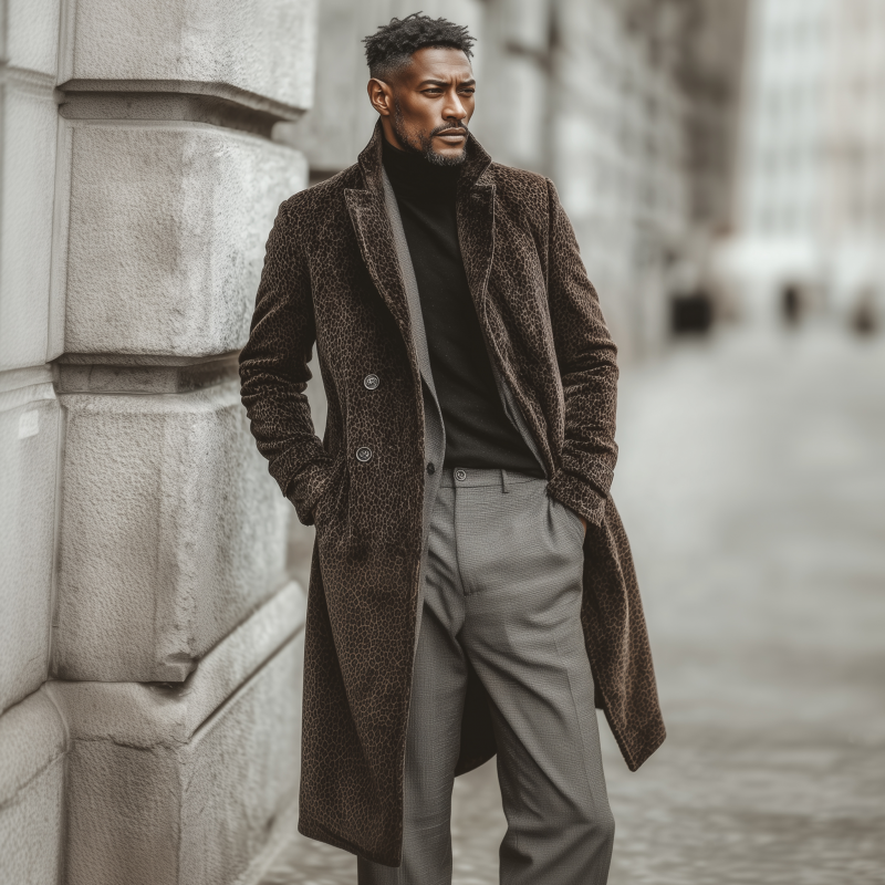 Men's Fashion Vintage Leopard Velvet Notch Lapel Double Breasted Slim Knee-Length Coat MTA0773H4M