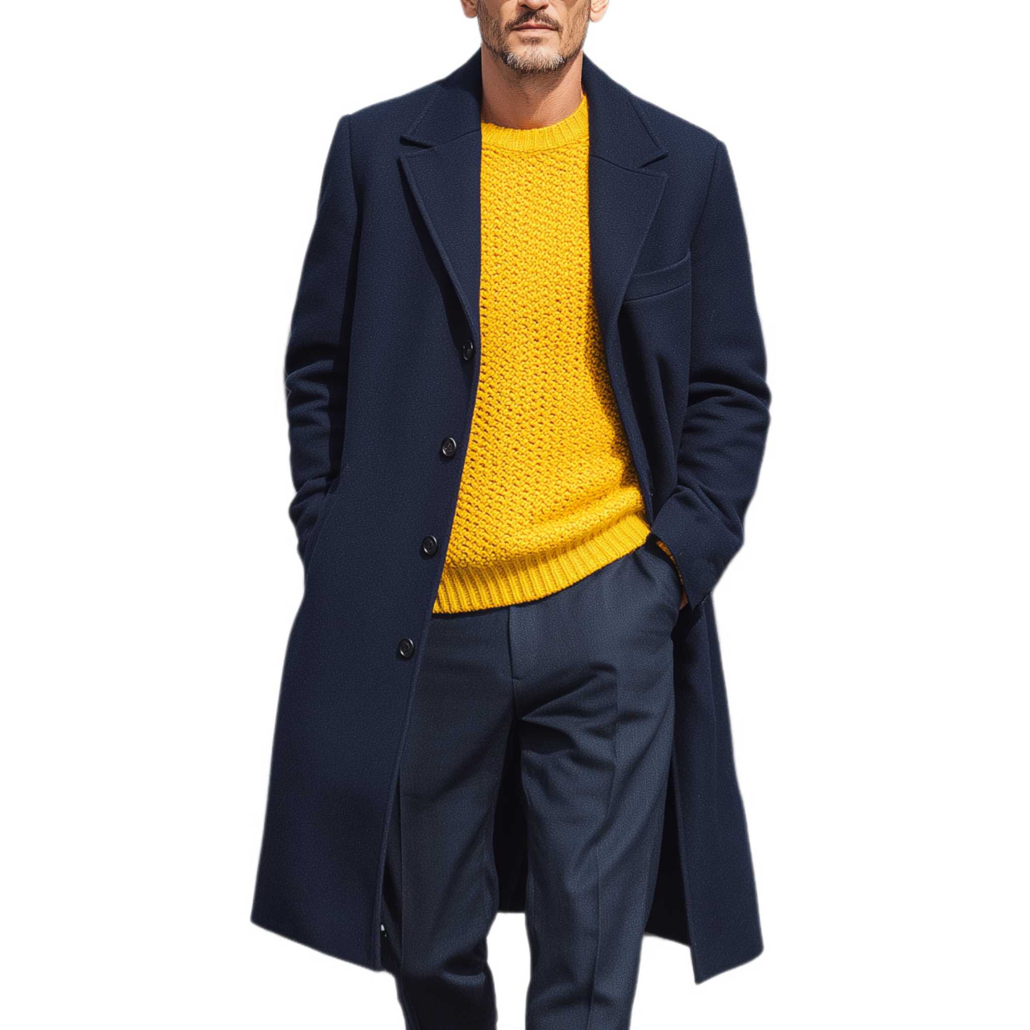 Men's Classic Retro Lapel Navy Blue Wool Single-breasted Knee-length Coat MTA1621I9K