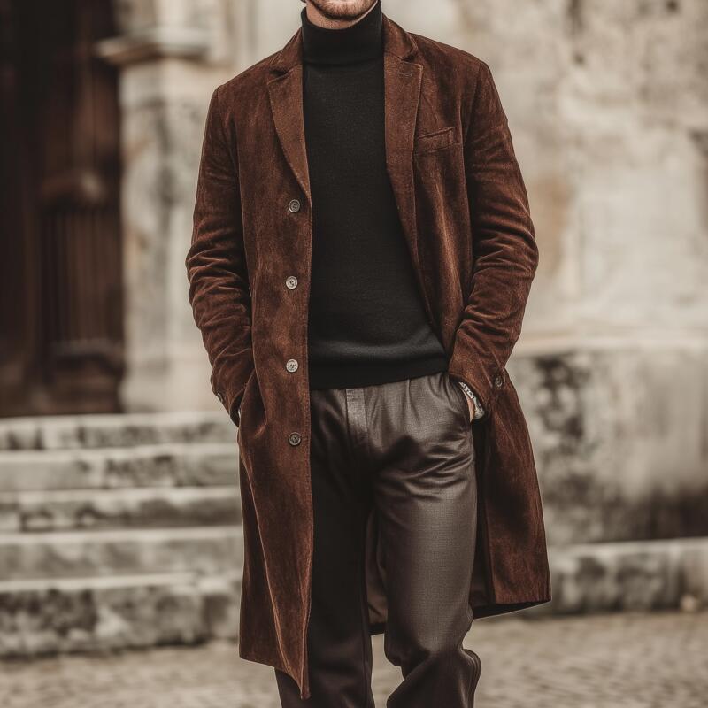 Men's Vintage Solid Color Faux Suede Notched Lapel Single-Breasted Loose Knee-Length Coat MTA2128H5M