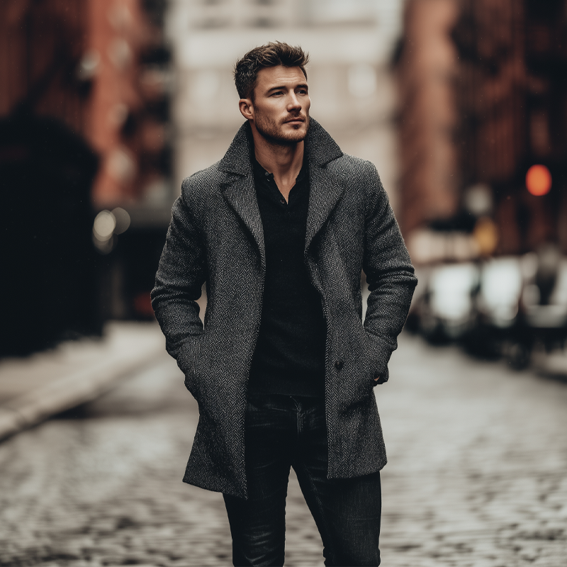 Men's Vintage Herringbone Lapel Mid-Length Coat MTA0785H9X